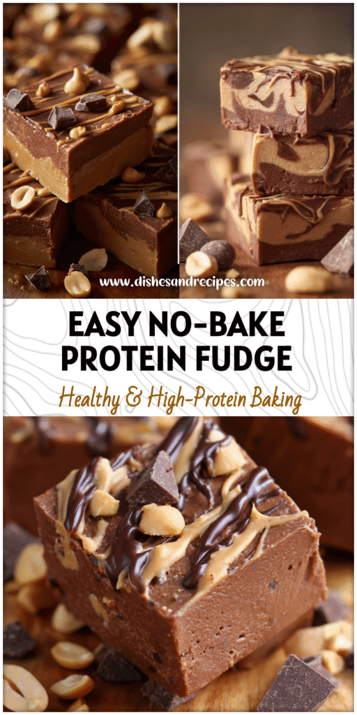 A close-up of thick slices of Healthy Chocolate Peanut Protein Fudge with peanut drizzle and Low Calorie Chocolate pieces.